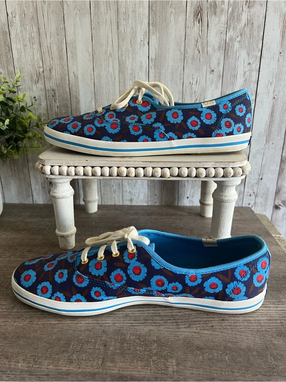 Keds Kate Spade Blue Peacock Floral Low Top Lace Up Sneakers Preppy W 10